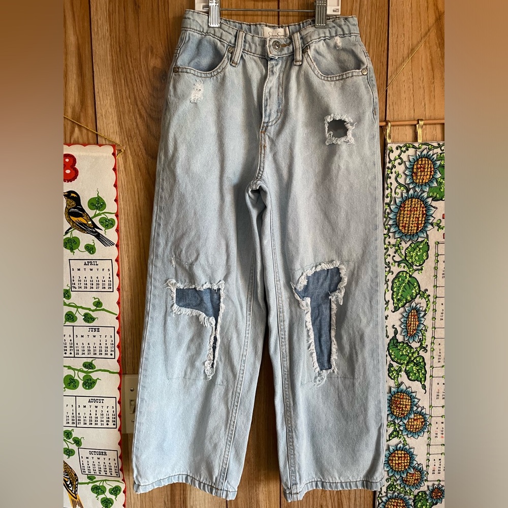 Jessica Simpson light wash wide leg distressed mom jeans